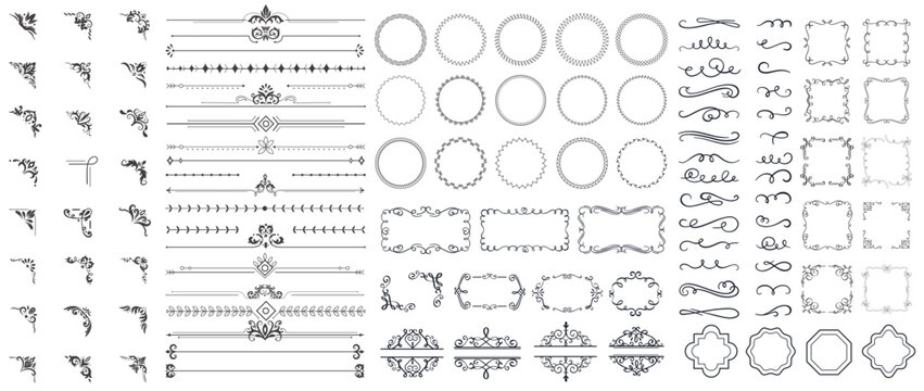 Calligraphic geometric frame set with filigree corners and decorative scrolls. Vintage vector line borders ornate dividers, ornament wreaths, floral frames, border corners with linear flourishes