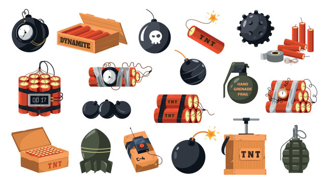 Explosives and bomb icon set with timer fuses and hazard warnings for military training games, safety education apps, and defense or security sticker design. Modern vector collection
