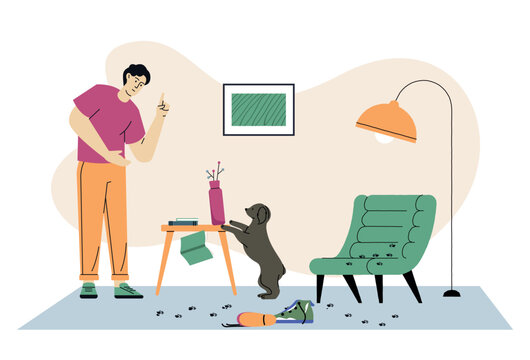 Naughty dog illustration with torn slippers and paw print mesh for pet training banners, veterinary education websites, and family care or social media design. Modern vector cartoon graphics