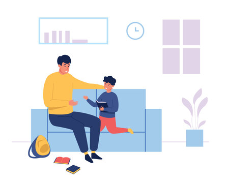 Family father and son reading scene for parenting education banners, homeschool website design, and learning app or social media graphics. Cozy vector illustration of bonding characters