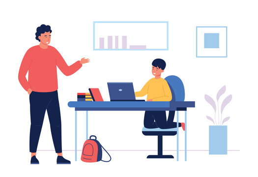 Education learning scene with parent and child for homeschool websites, e learning app graphics, and remote tutoring or digital course design. Modern vector illustration