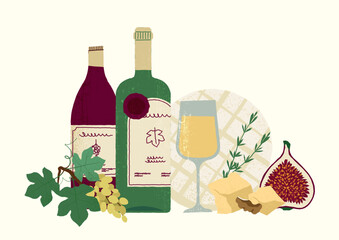 Naklejka premium Wine tasting still life with bottles, grapes, and cheese for winery posters, gourmet restaurant banners, and vineyard or bar menu illustration design. Rustic vector composition