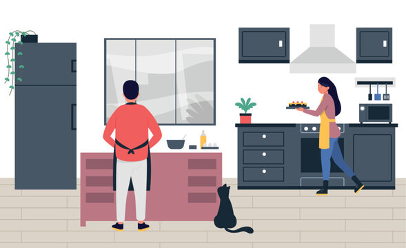 Kitchen baking scene with couple and dessert muffins for family meal banners, lifestyle website templates, and home cooking or social media design. Modern vector illustration