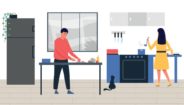 Kitchen cooking scene with couple chopping vegetables for family dinner banners, nutrition blog design, and cozy lifestyle or recipe app templates. Vector illustration of teamwork characters