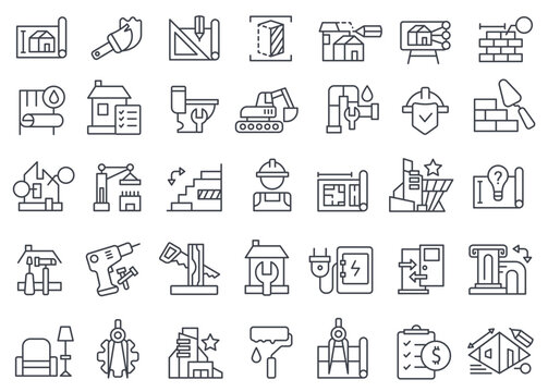 Renovation line icon set with construction tools and blueprint plans for contractor app design, home remodel banners, and DIY or building website illustrations. Vector collection