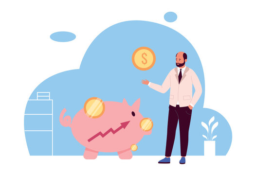 Finance savings illustration with piggy bank and growth arrows for budget planning banners, investment app, and retirement or banking presentation posters. Flat vector scene of money strategies