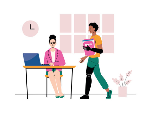 Office workplace with colleagues and bionic prosthetics for diversity inclusion banners, accessibility website design, and corporate training or recruitment presentations. Vector illustration