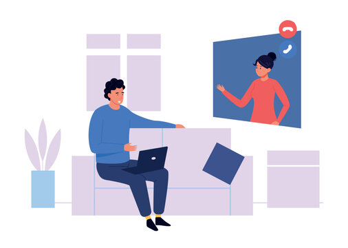 Video Call meeting scene with remote colleagues on sofa for online conference banners, telework website design, and hybrid workspace or coaching presentation templates. Vector illustration