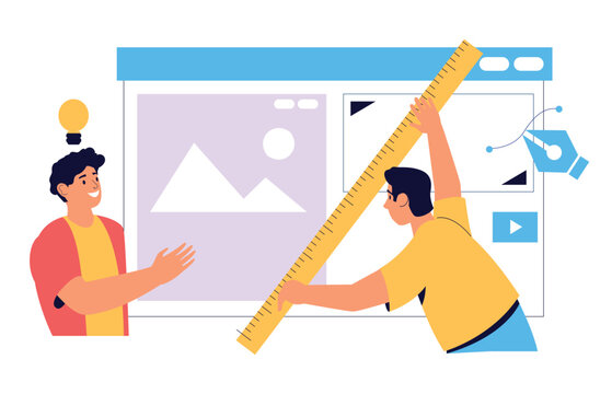 Developer designer teamwork with idea bulb and UI wireframes for creative project banners, agency website templates, and startup sprint or presentation design. Vector illustration