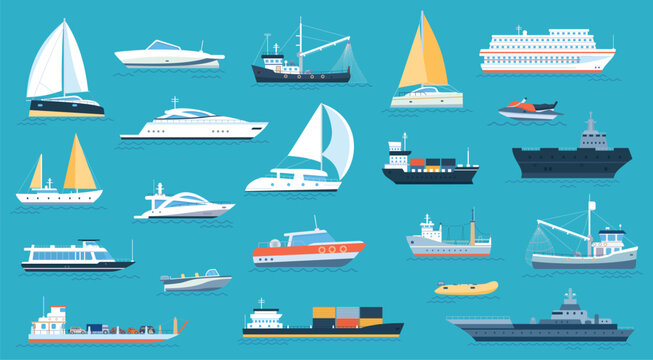Boats and ships icon set with sailboats and cargo vessels for nautical travel posters, shipping app design, and marine logistics or sticker collection art. Flat vector illustration