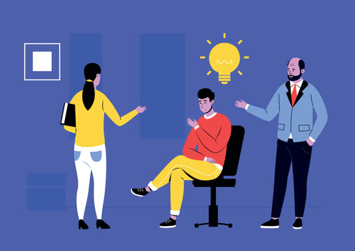 Teamwork brainstorming scene with lightbulb ideas and office discussion for innovation strategy banners, business workshop websites, startup project or training presentation. Flat vector illustration