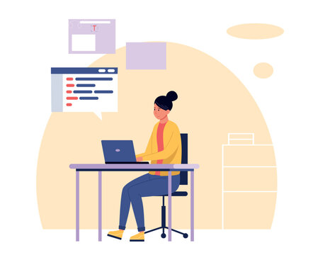 Programmer developer scene with coding laptop and UI interface for software engineering banners, remote workspace websites, and tech tutorial or course presentation design. Vector illustration