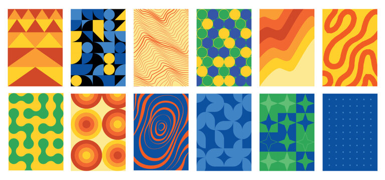 Geometric poster pattern set with checker tiles and arc mazes. Bright vector collection of mosaic ornaments for retro wallpaper backgrounds, Memphis banner design and colorful textile surfaces