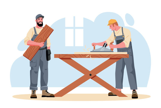 Carpenter woodworking scene with tools and timber planks for craftsmanship banners, construction workshop posters, and DIY renovation or repair template design. Vector illustration