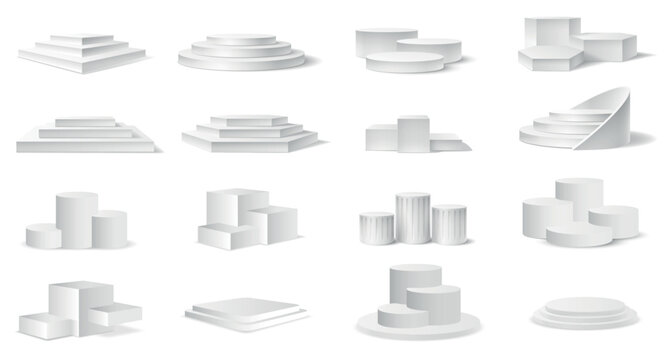 Podium pedestal realistic 3D set with different geometric shapes and shadows. Vector collection of white blank platforms for award ceremony mockups, presentation compositions and display shelves
