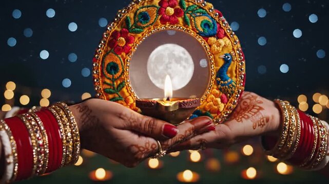 Indian Woman's Hands Holding Decorated Moon and Diya Lamp During Karwa Chauth Festival