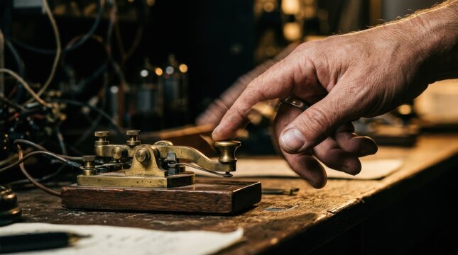 Close up of a hand operating a vintage telegraph machine.