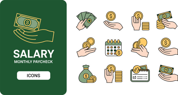 Monthly salary and paycheck icon set featuring money, hands holding cash, coins, calendar, and financial payment vector symbols