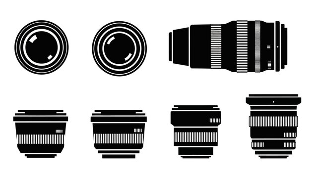 Camera Lens Collection Silhouette Icons - Set of Photography Equipment