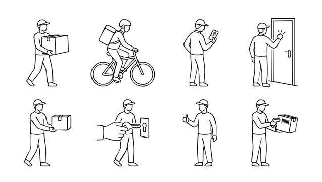 Delivery courier icons set, logistics worker shipping service outline symbols. Delivery person carrying box, riding bicycle, using smartphone, scanning parcel, and knocking on door for express shippin