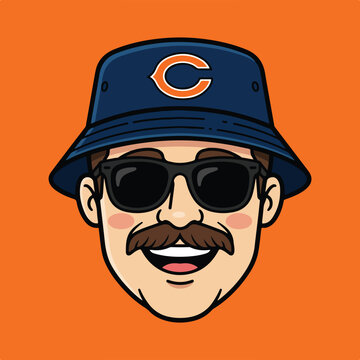 Cartoon portrait of a man wearing a blue bucket hat with a stylized C logo.