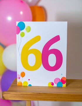 Birthday or anniversary card with number 66 with bright colors and balloons