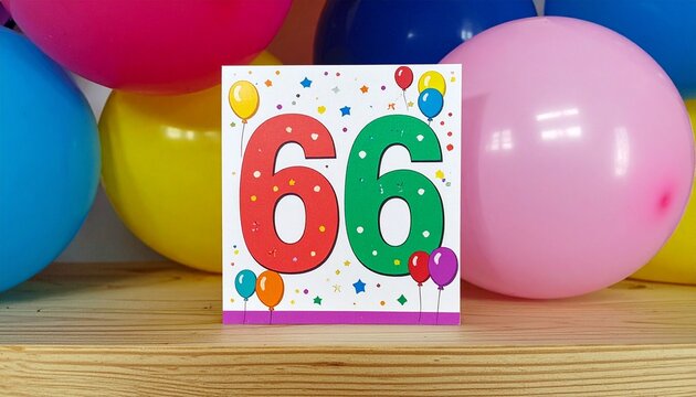 Birthday or anniversary card with number 66 with bright colors and balloons