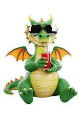 Fototapeta premium Ultra-realistic 3d emerald green anthropomorphic dragon mascot in mirrored aviators, sipping a ruby iced cocktail from a highball glass with a lime slice, on white. Concept for summer beverage