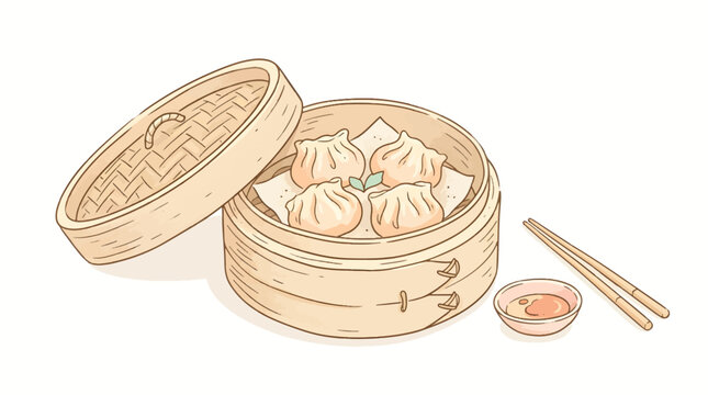 Dim Sum Bamboo Basket Pastel Doodle Asian Food Minimal Vector Illustration