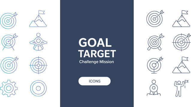 Collection of thin line business goal and target achievement icons featuring mountains, flags, arrows, and rocket launch for motivation and mission success