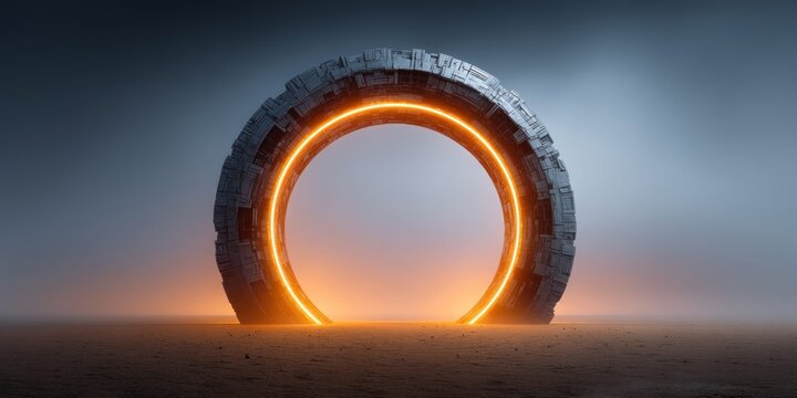Futuristic portal with glowing orange energy ring in a desolate landscape