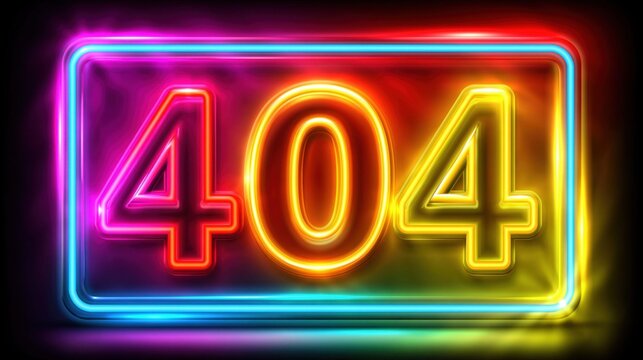 Futuristic neon sign displays 404 error code with vibrant glowing colors