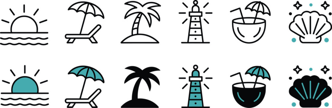 Summer beach vacation icon set featuring tropical sunset palm trees lighthouse sea shell coconut drink and lounge chair for travel tourism design