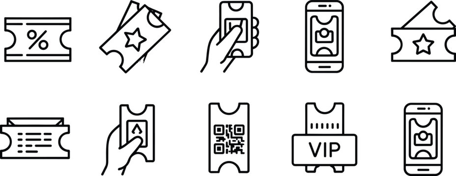 Set of minimal ticket and coupon line icons featuring cinema vouchers, digital mobile passes, QR codes, and VIP entry passes for entertainment events and online booking