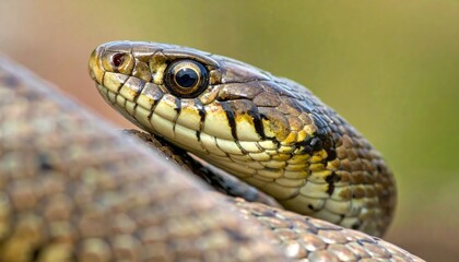 Obraz premium The brown snake was caught in a close-up photo showing its head above its coiled body.