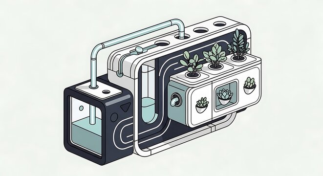 Modern hydroponic system with plants and water circulation pipes integrated design