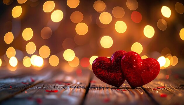 Two red hearts sit on a wooden surface with bokeh lights