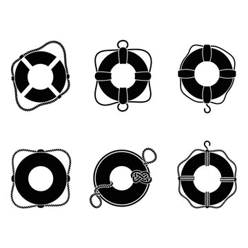 Set of six lifebuoy icons, safety equipment for water rescue and maritime safety.