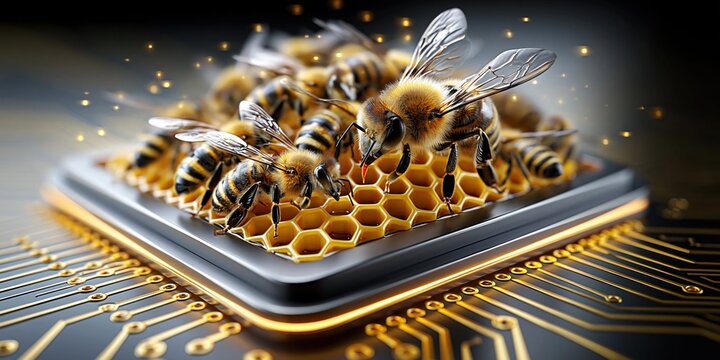 Swarm of bees on a glowing computer chip with honeycomb and circuits