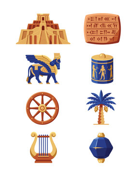 Ancient Mesopotamian Artifacts and Symbols.