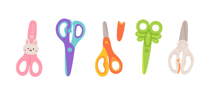 Cute kids scissors set with bunny, decorative wavy edge, safety and craft scissors. Colorful children school and craft supplies collection. Hand drawn vector illustration isolated on white.
