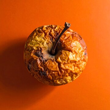 Overhead shot of a wrinkled, decaying apple on a bright orange surface, its stem dried. The texture is rough and appears rotten
