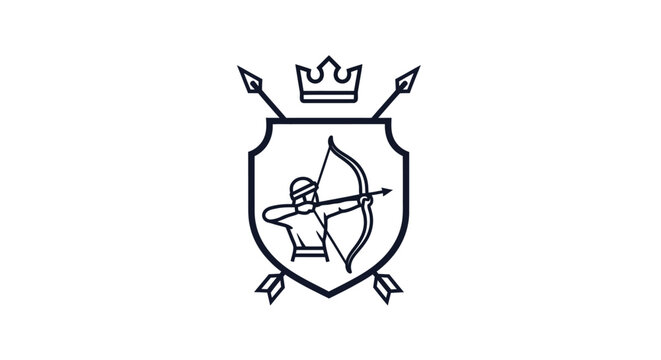 Archer aiming bow and arrow crest emblem heraldry crown arrows shield outline emblem isolated on white background