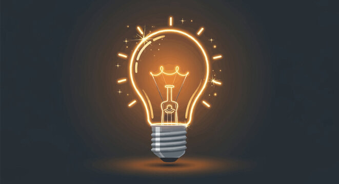 Stylized illustration of a glowing incandescent light bulb with neon orange outlines and sparkling light effects, set against a dark textured gray background with visible filament.