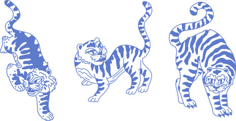 Vector illustration of Asian tigers in Chinese and Korean styles/Linear doodle drawing of big cats and leopards/ Tattoo asian tiger © doa_yagoda