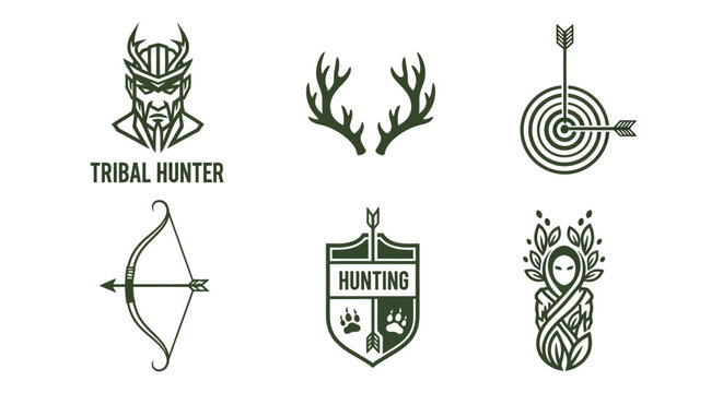 Set of six minimalist vector graphic elements related to hunting, featuring a tribal hunter logo, deer antlers, a target with an arrow, a bow and arrow, a hunting shield, and a nature-inspir