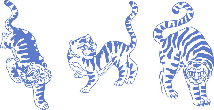 Vector illustration of Asian tigers in Chinese and Korean styles/Linear doodle drawing of big cats and leopards/ Tattoo asian tiger