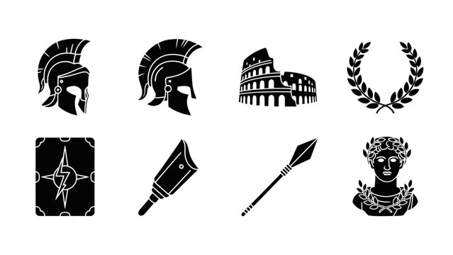 Ancient Roman Icons Set: Colosseum, Helmets, Spear, Laurel Wreath, Bust