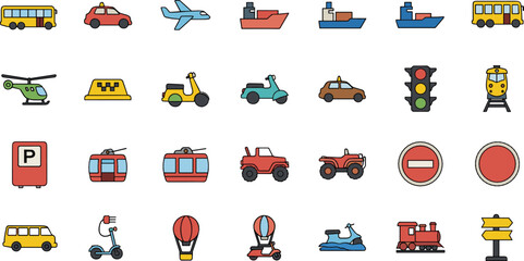 Obraz premium Transport and Vehicle Icon Set with Cars, Bus, Airplane, Ship, Train, Scooter, and Traffic Symbols for Urban Mobility and Travel Design Projects.