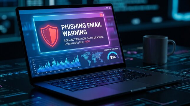 Laptop Screen Displays Phishing Email Warning Message.